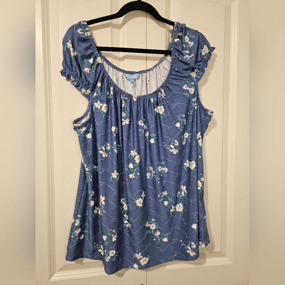 PENMANS PLUS Womens Floral Blue with White Accents Cap Sleeve Top Sz 1X